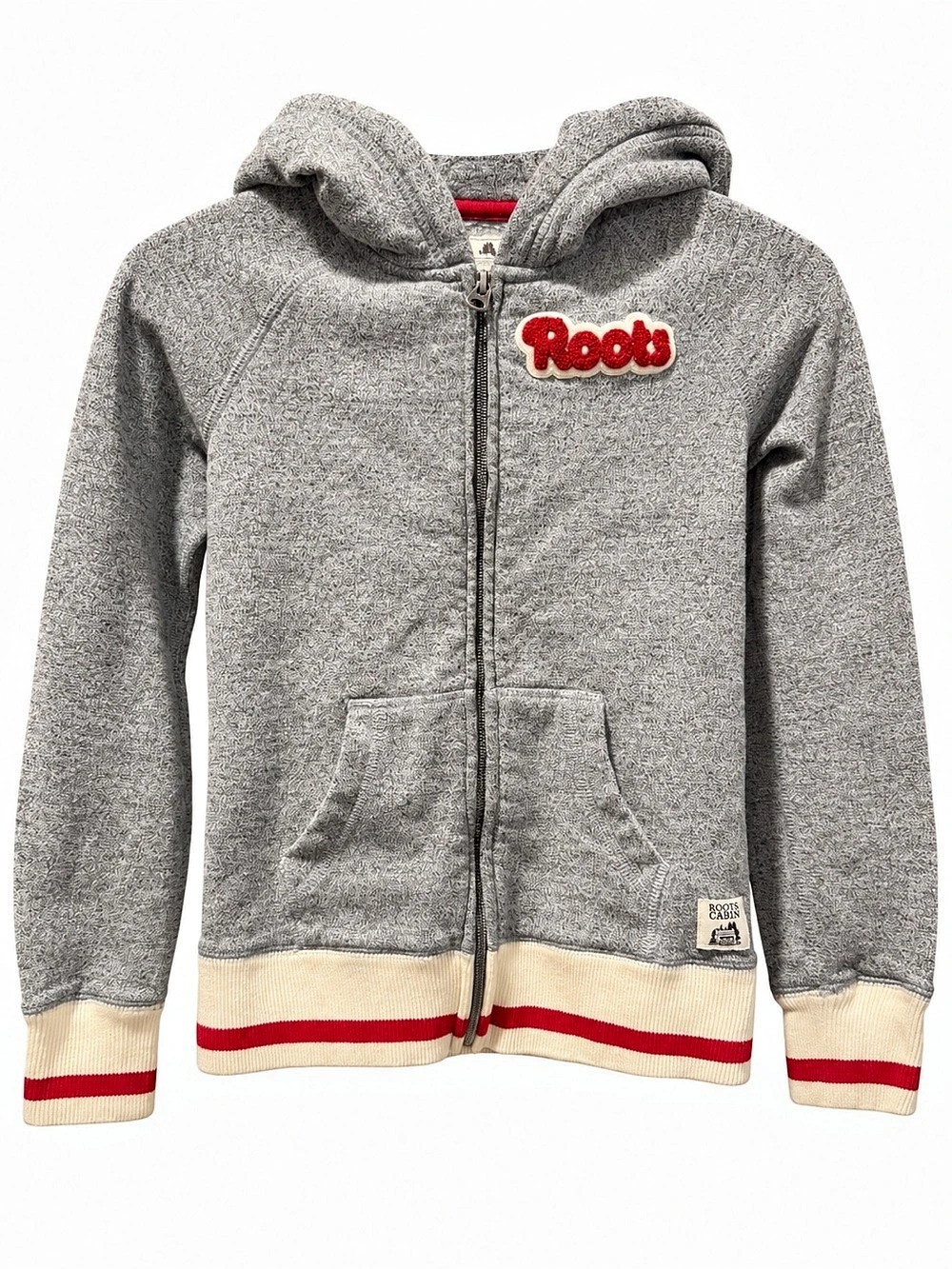 Roots Cabin Kids Grey Full Zip Hoodie Red Logo L 9-10 Excellent Condition